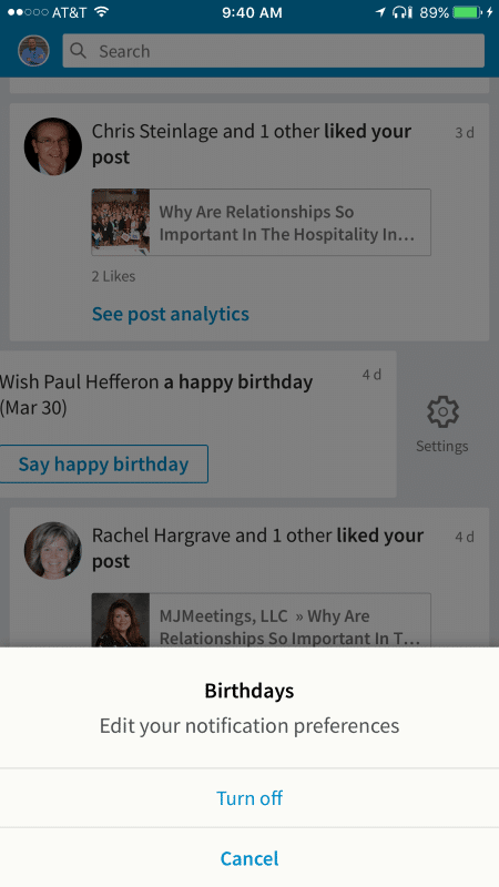 LinkedIn Birthday Notifications on cellphone app